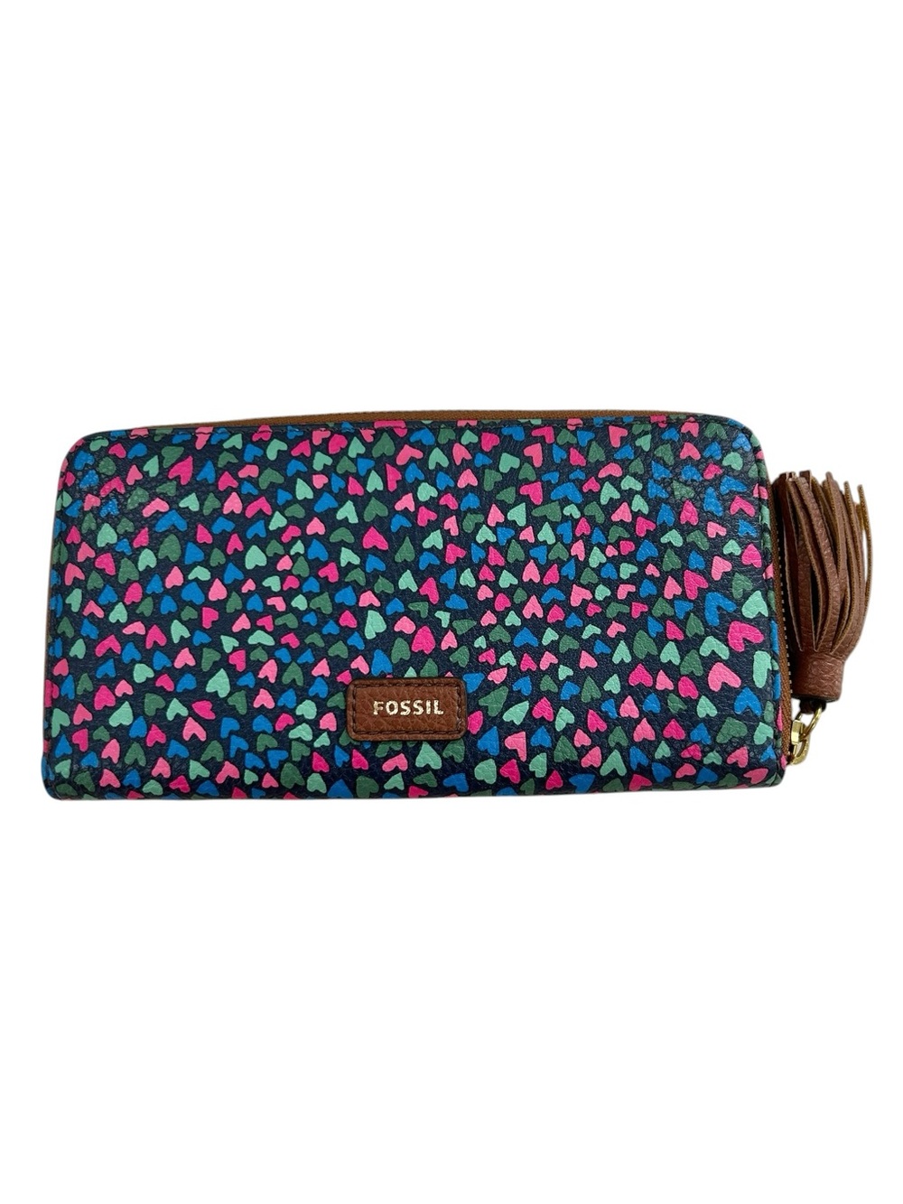 FOSSIL Tara Hearts Zippered Tassel Pull NEW Leather Clutch
